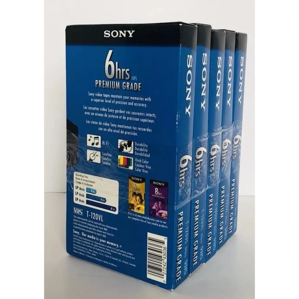 Sony T120VR 6 Hour Premium 5 Pack Blank VHS Tapes New Vivid Color